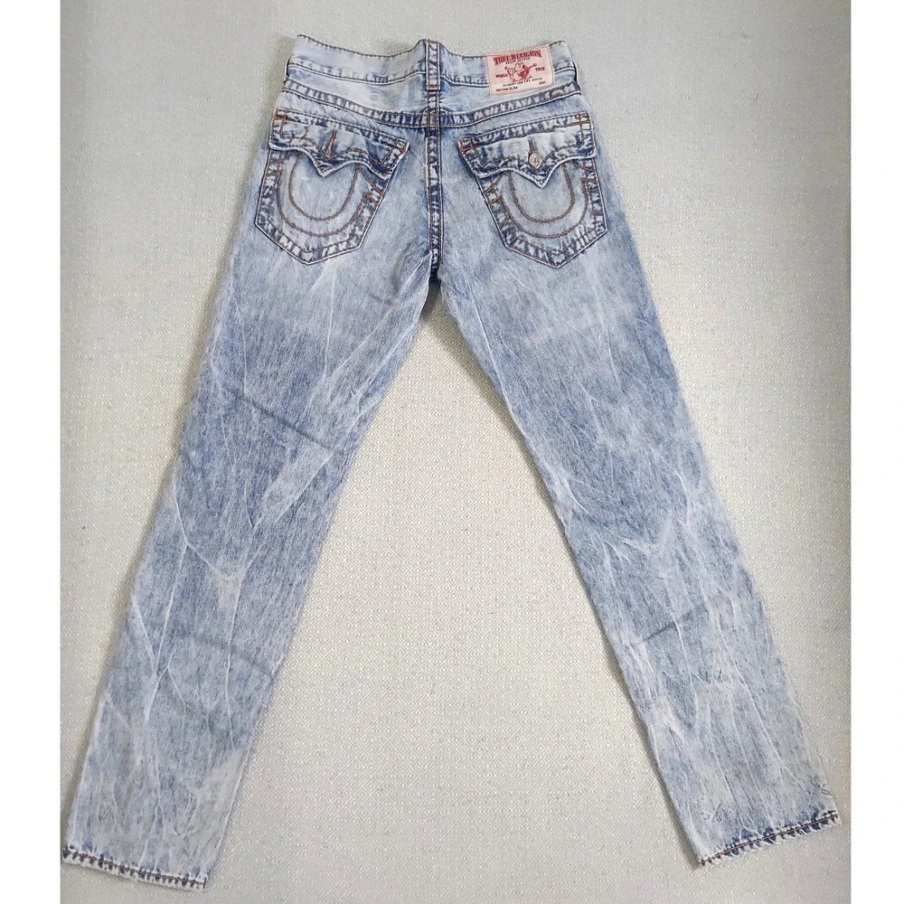 True Religion Jeans Mens 32 Light Blue Ricky Super T Straight Acid Wash Denim